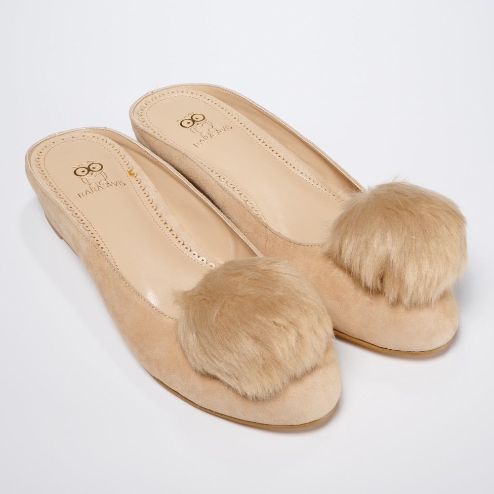 Iris Apfel Rara Avis Nude Suede Pompom Mule Slippers Flats Shoes Size 9.5M NIB
